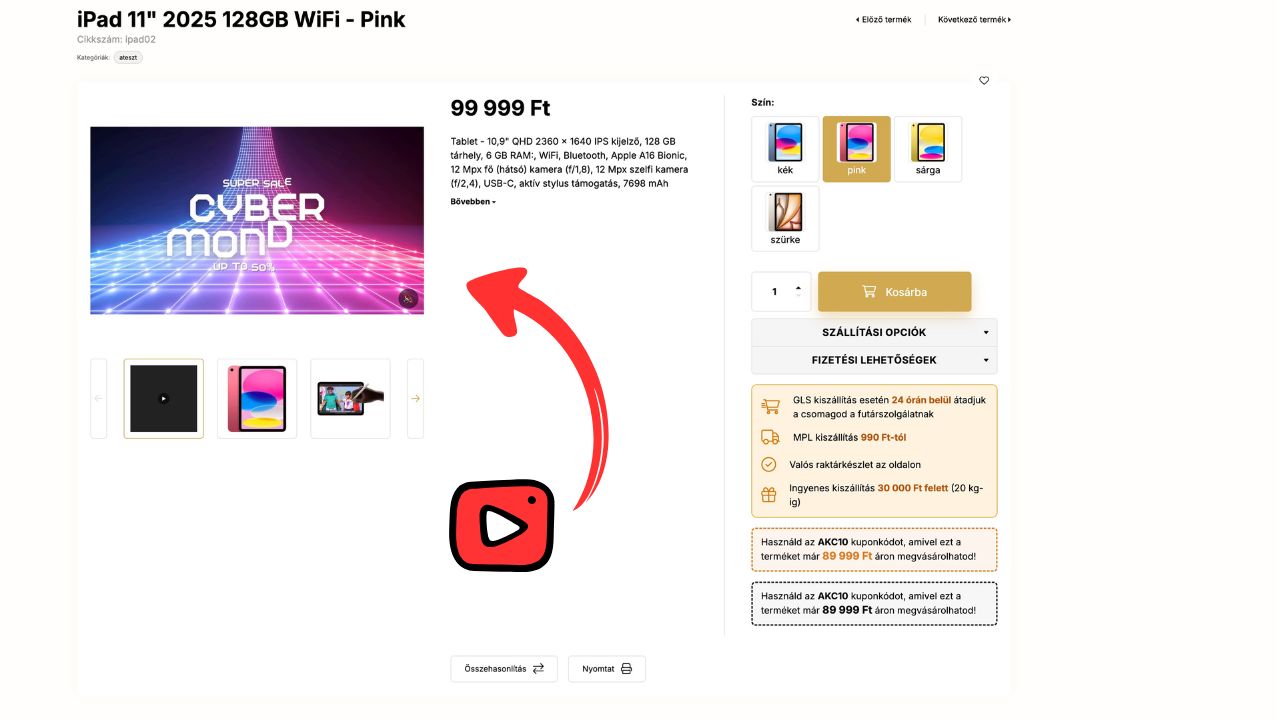 Feltöltött videó a termékképekhez